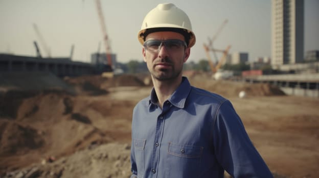 30s male caucasian Civil Engineer with determined face at construction site. Generative AI AIG21.