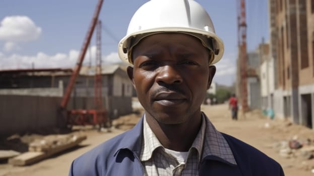 30s male african Civil Engineer with determined face at construction site. Generative AI AIG21.