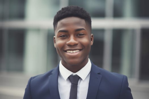 Young smart african-american businessman, smiling face, standing in blur background of modern office building. Generative AI AIG20.