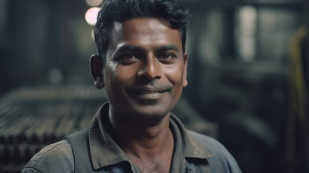 A smiling Indian male factory worker standing in metal sheet factory. Generative AI AIG19.