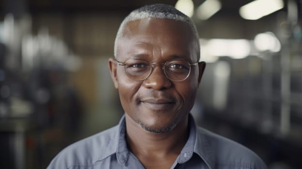 A smiling senior African male electronic factory worker standing in factory. Generative AI AIG19.