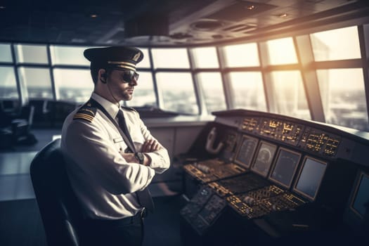 A male pilot in captain's uniform in an indoor airport setting. Generative AI AIG21.