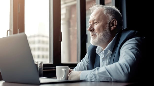 The mature businessman with the laptop sitting near the office window and admiring view from window. Generative AI AIG21.