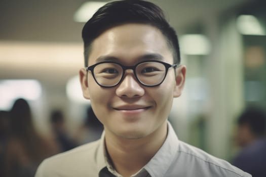 Young smart asian businessman, smiling face, standing in blur background of busy office. Generative AI AIG20.