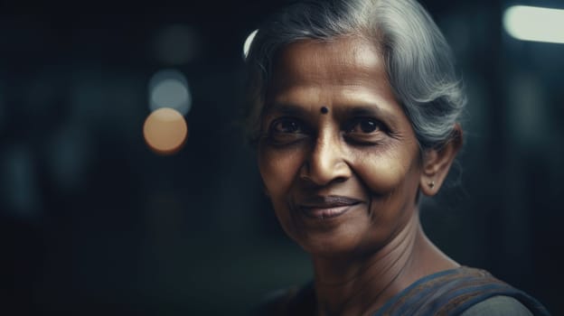 A smiling senior Indian female electronic factory worker standing in factory. Generative AI AIG19.