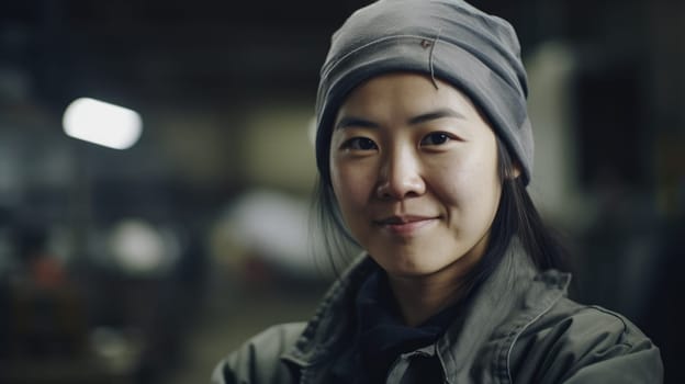 A smiling Chinese female factory worker standing in metal sheet factory. Generative AI AIG19.