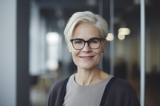 Mature smart swedish businesswoman, smiling face, standing in blur background of busy office. Generative AI AIG20.