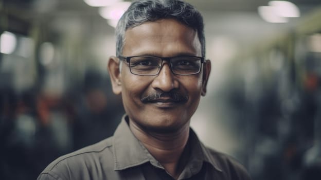 A smiling senior Indian male electronic factory worker standing in factory. Generative AI AIG19.