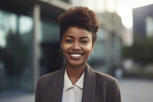 Young smart african-american businesswoman, smiling face, standing in blur background of modern office building. Generative AI AIG20.