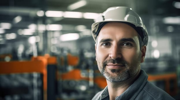 Hispanic male engineer smiling, standing inside the smart factory with robotic arm looking at the camera with blur background. Generative AI AIG20.