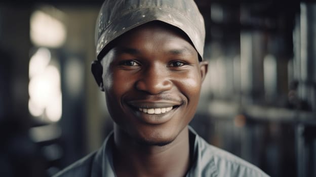 A smiling African male factory worker standing in metal sheet factory. Generative AI AIG19.