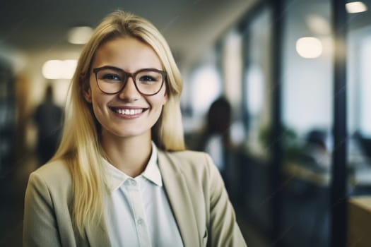Young smart swedish businesswoman, smiling face, standing in blur background of busy office. Generative AI AIG20.