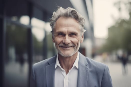 Mature smart swedish businessman, smiling face, standing in blur background of modern office building. Generative AI AIG20.