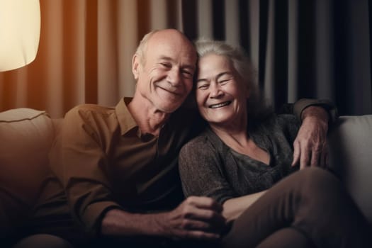 Happy mature scandinavian couple sitting on sofa at home smiling happily. Generative AI AIG20.