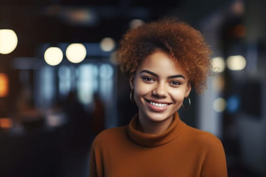 Young smart african-american businesswoman, smiling face, standing in blur background of creative colorful office interior design. Generative AI AIG20.