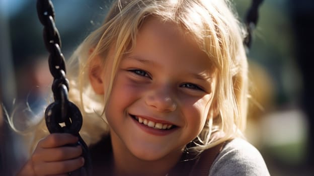 Close up smiling face, young blond girl playing on a swing, happiness, childhood, freedom, vitality, outdoor fun, carefree, sunlight. Generative AI AIG20.