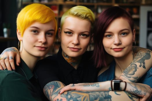 Three young women with tattoos and vivid colors short hair in an office. Generative AI AIG21.