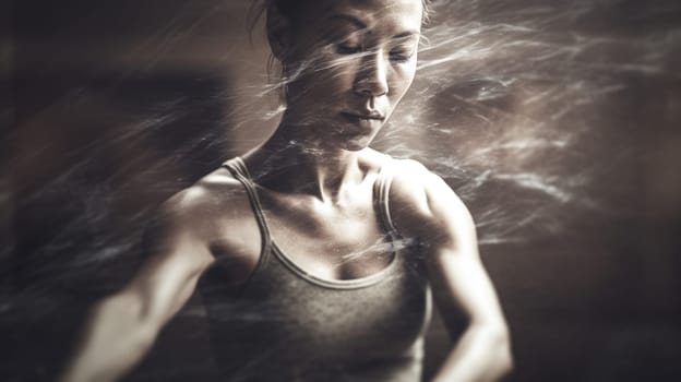 Young asian woman in advanced yoga pose, double exposure, energy ripple in the body, heroic. Generative AI AIG20.