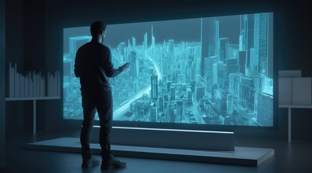 A man looking at blue hologram screen showing the city plan with the light teal and light black. Generative AI AIG21.