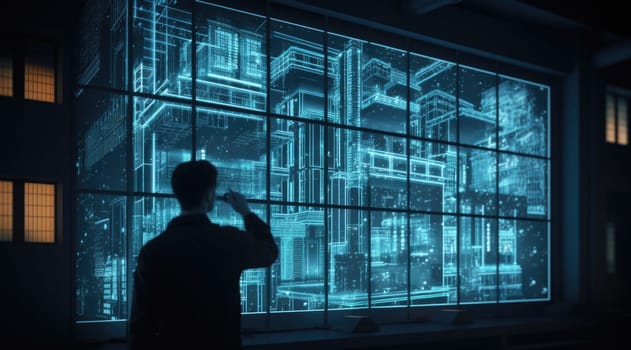 A male designer looking at a 3D building in an artificial blue light box in the style of data visualization. Generative AI AIG21.