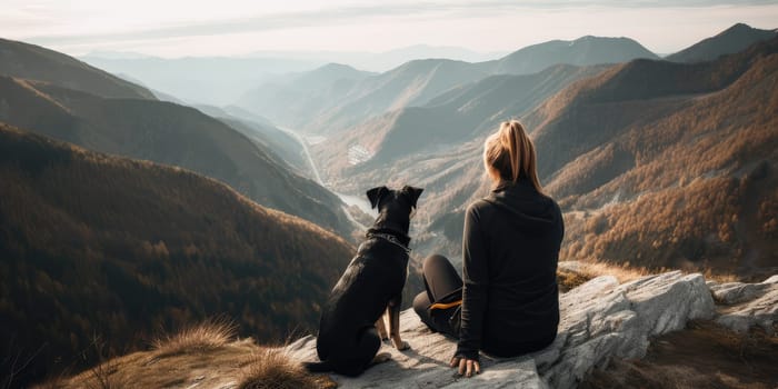 Young beautiful woman enjoy view with her dog during hiking trip in the mountain. distinct generative AI image.