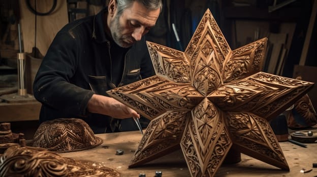 The man working on a wooden man's hand with a wooden star in workshop. Generative AI AIG21.