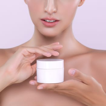 Alluring beautiful perfect cosmetic skin woman portrait hold mockup jar cream or moisturizer for skincare treatment, anti-aging product in isolated background. Natural healthy skin model concept.
