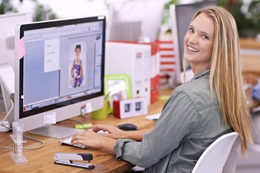 Woman at desk, computer screen and smile in portrait, editor at fashion magazine. Young professional female, image editing software for publication with creativity and editorial career with design.