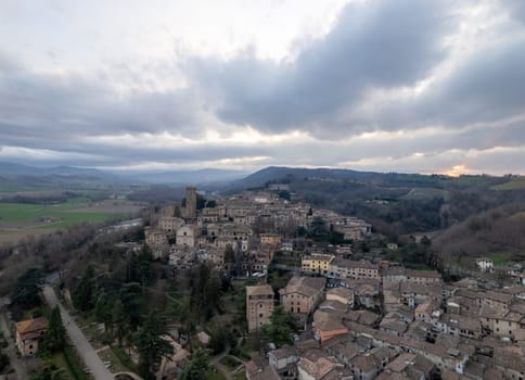 Aerial view of Castell'Arquato medieval village in Emilia Romagna, Italy at sunset