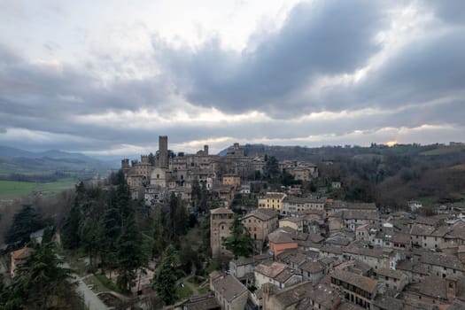 Aerial view of Castell'Arquato medieval village in Emilia Romagna, Italy at sunset