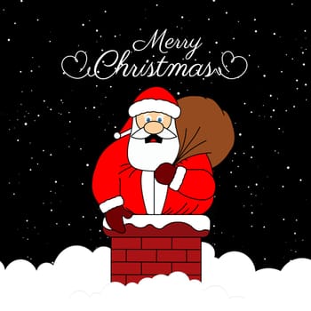 A fat santa stuck in a chimney holding his bag of presents with the text "Merry Christmas".