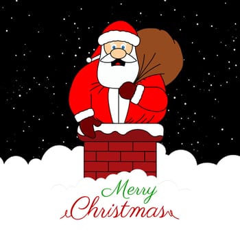 A fat santa stuck in a chimney holding his bag of presents with the text "Merry Christmas".