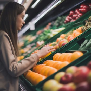 vegetable woman healthy young consumer market lifestyle shopping female grocery choosing fresh local fruit happy shelf food store adult basket organic. Generative AI.