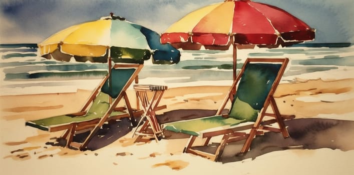 water blue tourism ocean island relax shore seascape watercolor tour beach resort vacation coastline background caribbean tropical summer umbrella sunlight rest chair. Generative AI.