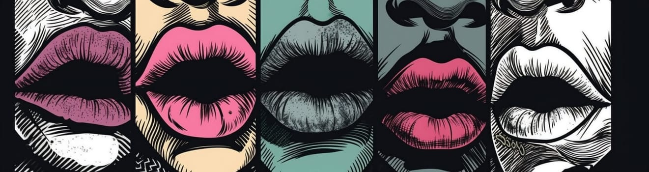 glossy woman valentine red lipstick abstract isolated sticker poster beauty mouth art female lips background pattern cartoon vintage kiss illustration crazy. Generative AI.
