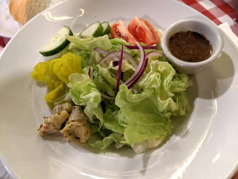 Large Garden Salad: Baby greens, tomatoes, cucumbers, pepperoncini, and red onions on a plate.