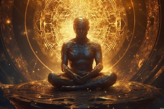 healing aura human spiritual fitness energy yoga lotus zen silhouette sitting meditation peace chakra mental mandala india pose esoteric religion. Generative AI.