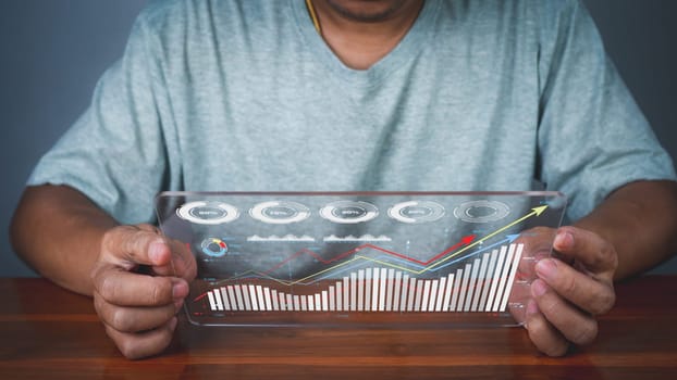Hologram image of a candlestick chart from a phone on a person's hand. Offer trading, investment ideas