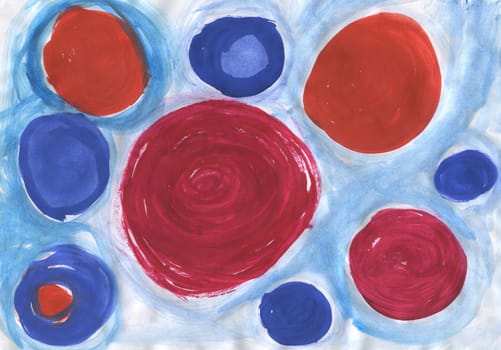 Hand Painted Abstract Watercolor Background. Watercolor Blue Background with Blue and Red Circles. Abstract Designs Background.