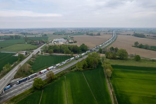 Piacenza, Italy - 13 April 2023 Traffic jam on highway during rush hou in autostrada del sole, italy near Piacenza