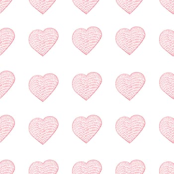 Seamless Pattern with Hearts. Hand Drawn Valentines Background. Red Hearts on White Background. Digital Paper Drawn by Colored Pencils.