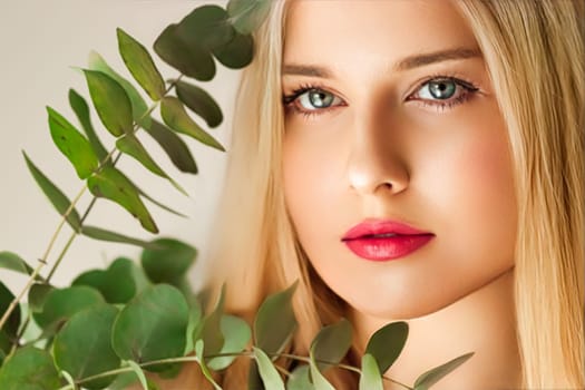 Beautiful woman and green leaves branch, blonde hair, red lipstick make-up face portrait, natural beauty and cosmetics.