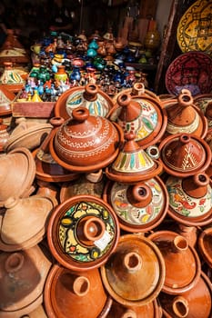 Selection of colorful Moroccan tajines. Traditional dish, meat and vegetable in ceramic tajine.