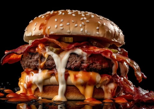 Fresh tasty big burger on black background.