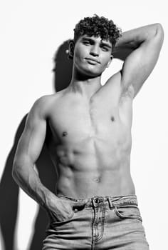 man shirtless studio sexy healthy arm torso muscle athletic bodybuilder model fashion