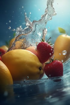 wave berry apple splashing water healthy ingredient strawberry green lemon diet fruit concept fresh tropical drop isolated background food clean vitamin. Generative AI.