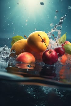 fruit splashing background strawberry water grape agriculture vegetable drop white healthy market lemon vegetarian fresh food organic clean vitamin yellow green. Generative AI.