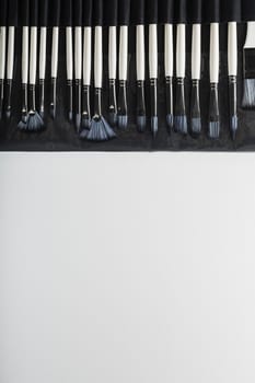 Brushes, palette knives in a pencil case on a white canvas background. top view with free space