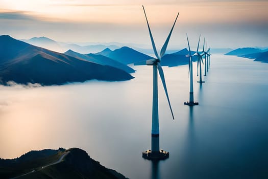 Panoramic view of wind farm or wind park, with high wind turbines for generation electricity with copy space. Green energy concept.