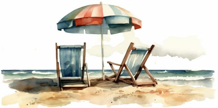 background nature relax ocean rest lounger seascape caribbean chair summer vacation sunny coastline tree landscape blue umbrella travel watercolor resort beach. Generative AI.